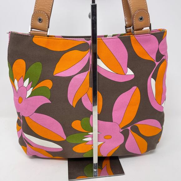 Kate Spade Pink Orange Brown Vintage Floral Inspired Tote Double Leather Handle - Picture 9 of 16